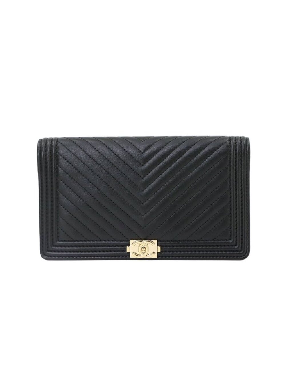 Chanel Boy Bifold Wallet Leather Black Chevron V-stitch Gold